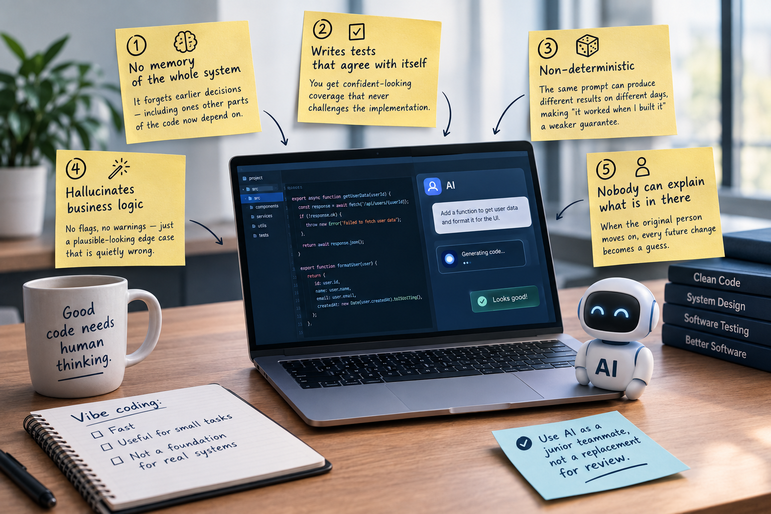 Five failure modes of vibe coding, noted around a laptop generating code