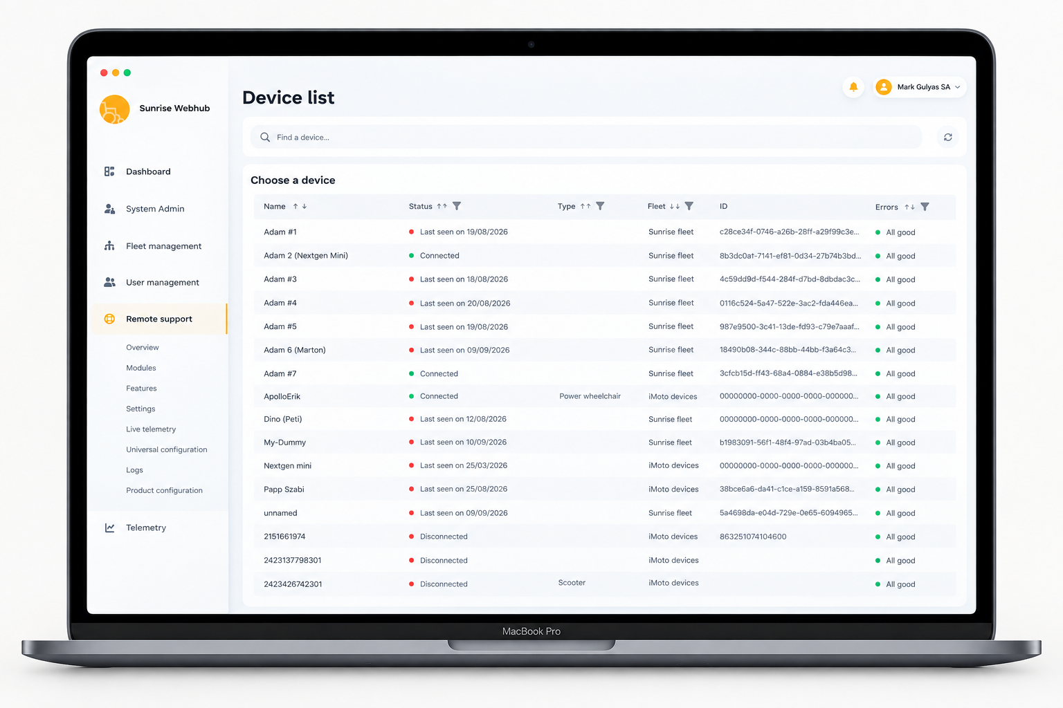 Admin device list web app